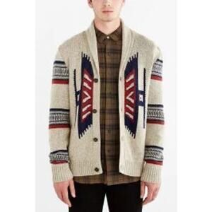 Koto Aztec Patterned Long Sleeve Knit Cardigan Sweater Beige Mens Medium